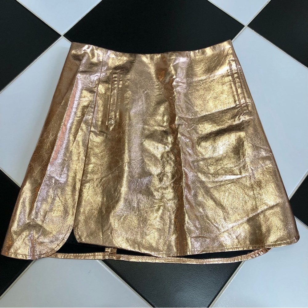 NWT Fridda Faux Leather Metallic Gold Mini Skirt Bronze Copper sz M-L runs Small